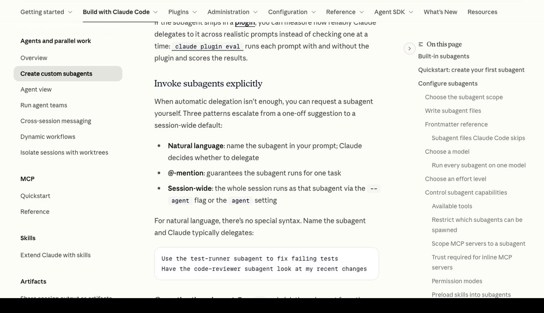 Документация Claude Code, раздел Invoke subagents explicitly: три способа вызвать помощника, словами, через @ и на сессию