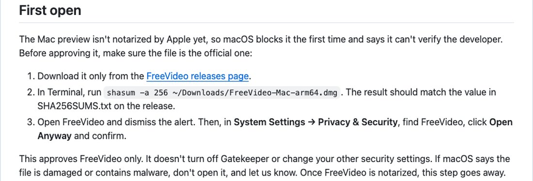 Раздел First open в документации FreeVideo для Mac: сверка суммы командой shasum и кнопка Open Anyway