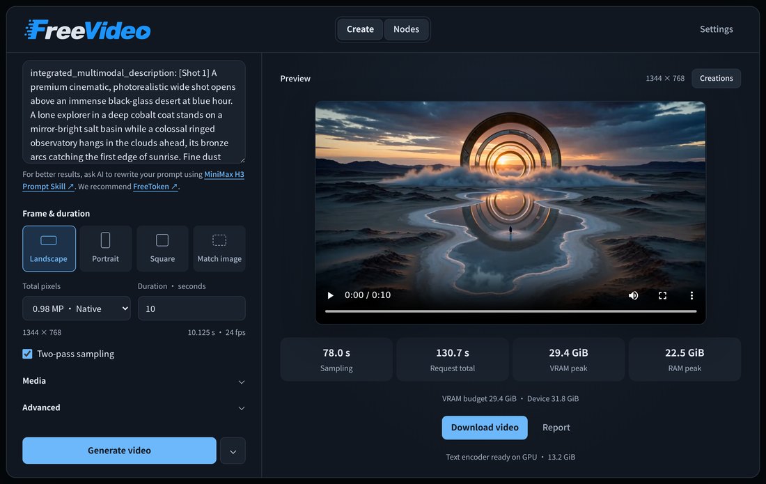 Рабочая область FreeVideo: слева поле запроса и размер, справа предпросмотр, время и кнопка Download video