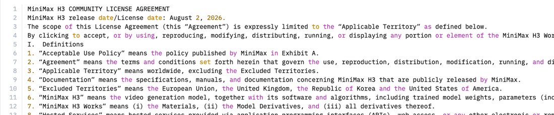 Лицензия MiniMax H3: территория действия весь мир, кроме ЕС, Великобритании, Республики Корея и США