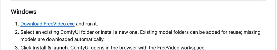 Раздел Getting Started в README FreeVideo: три шага для Windows: скачать, выбрать папку, Install & launch