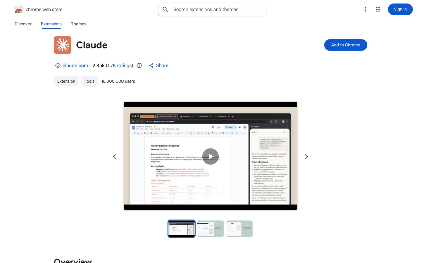 Карточка расширения Claude в Chrome Web Store, рейтинг 2.8, 16 миллионов пользователей