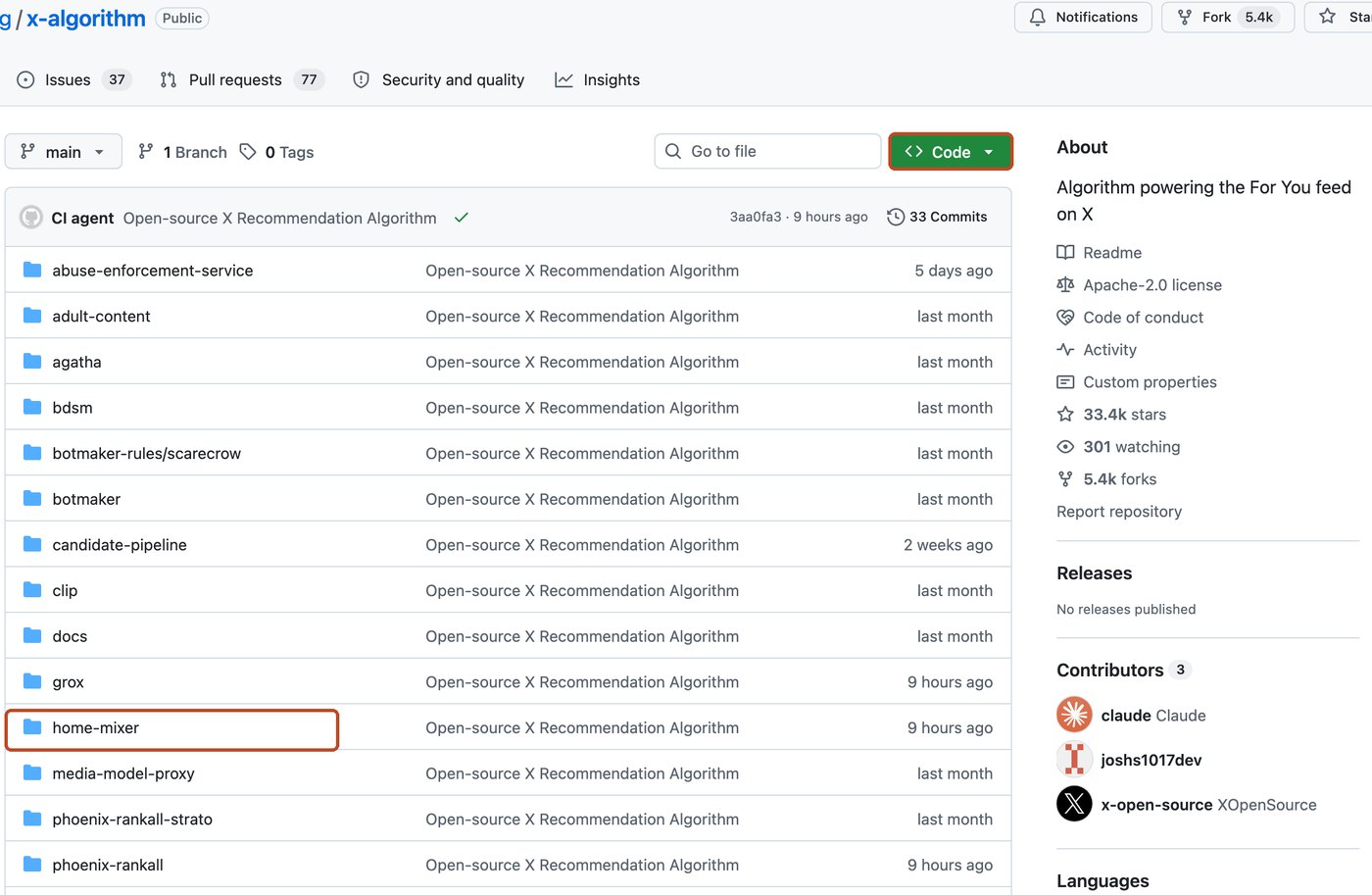 Список папок x-algorithm на GitHub: рамка 1 на зелёной кнопке Code, рамка 2 на папке home-mixer, счётчик 33,4 тысячи звёзд