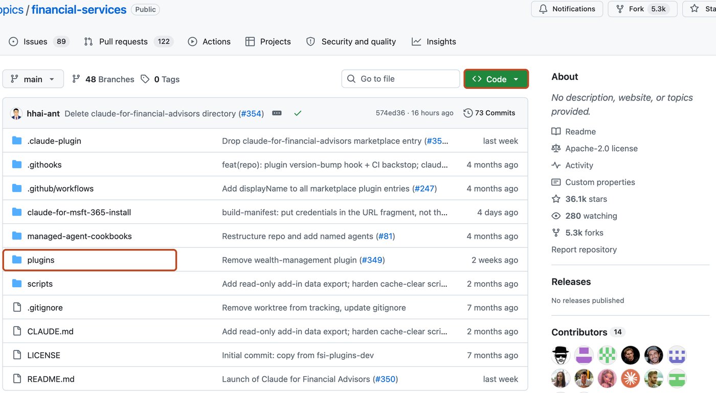 Список папок financial-services на GitHub: рамка 1 на папке plugins с десятью агентами, рамка 2 на кнопке Code, 36,1К звёзд