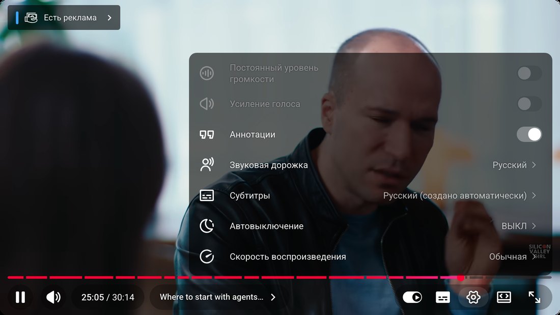 Меню шестерёнки в плеере YouTube на записи интервью: пункты «Звуковая дорожка» и «Субтитры» с выбранным русским