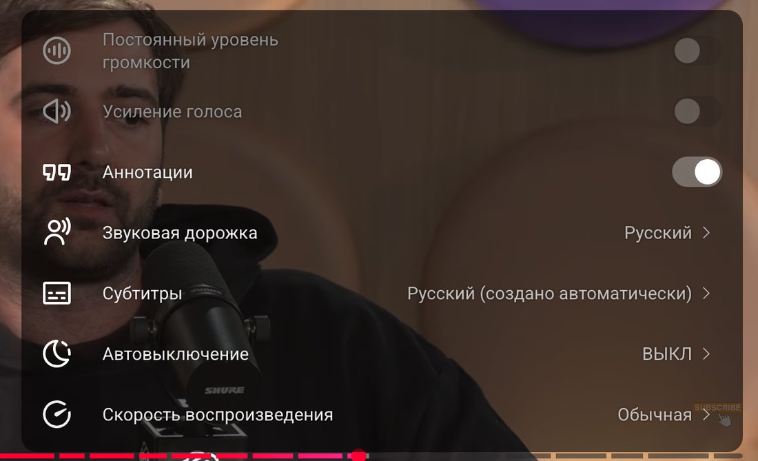 Меню настроек плеера YouTube на этой записи: звуковая дорожка Русский, субтитры Русский создано автоматически