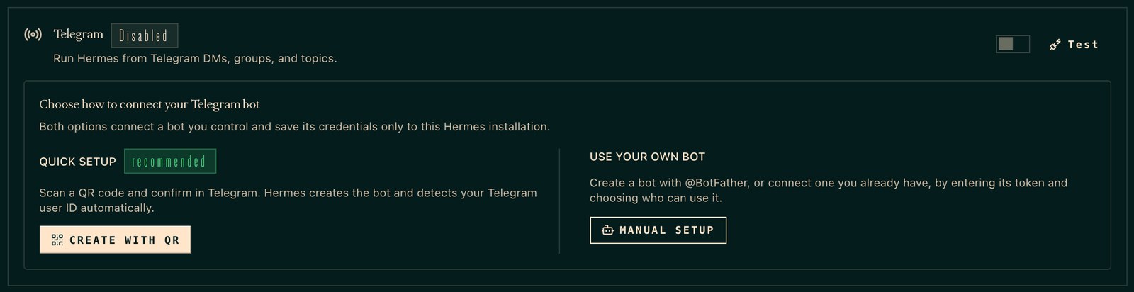 Карточка Telegram в разделе Channels панели Hermes: кнопки Create with QR и Manual setup, переключатель и кнопка Test