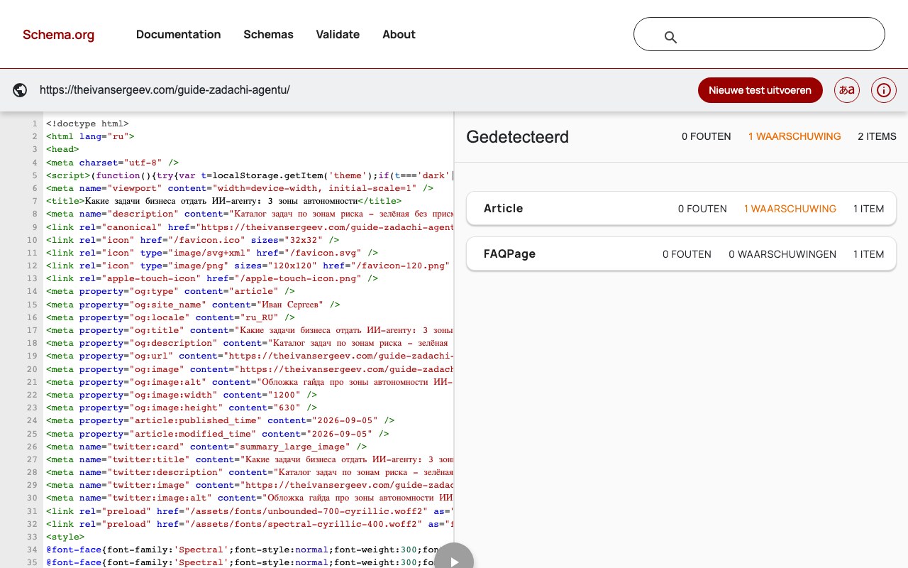 Проверка валидатором Schema.org: 0 ошибок, найдены элементы Article и FAQPage