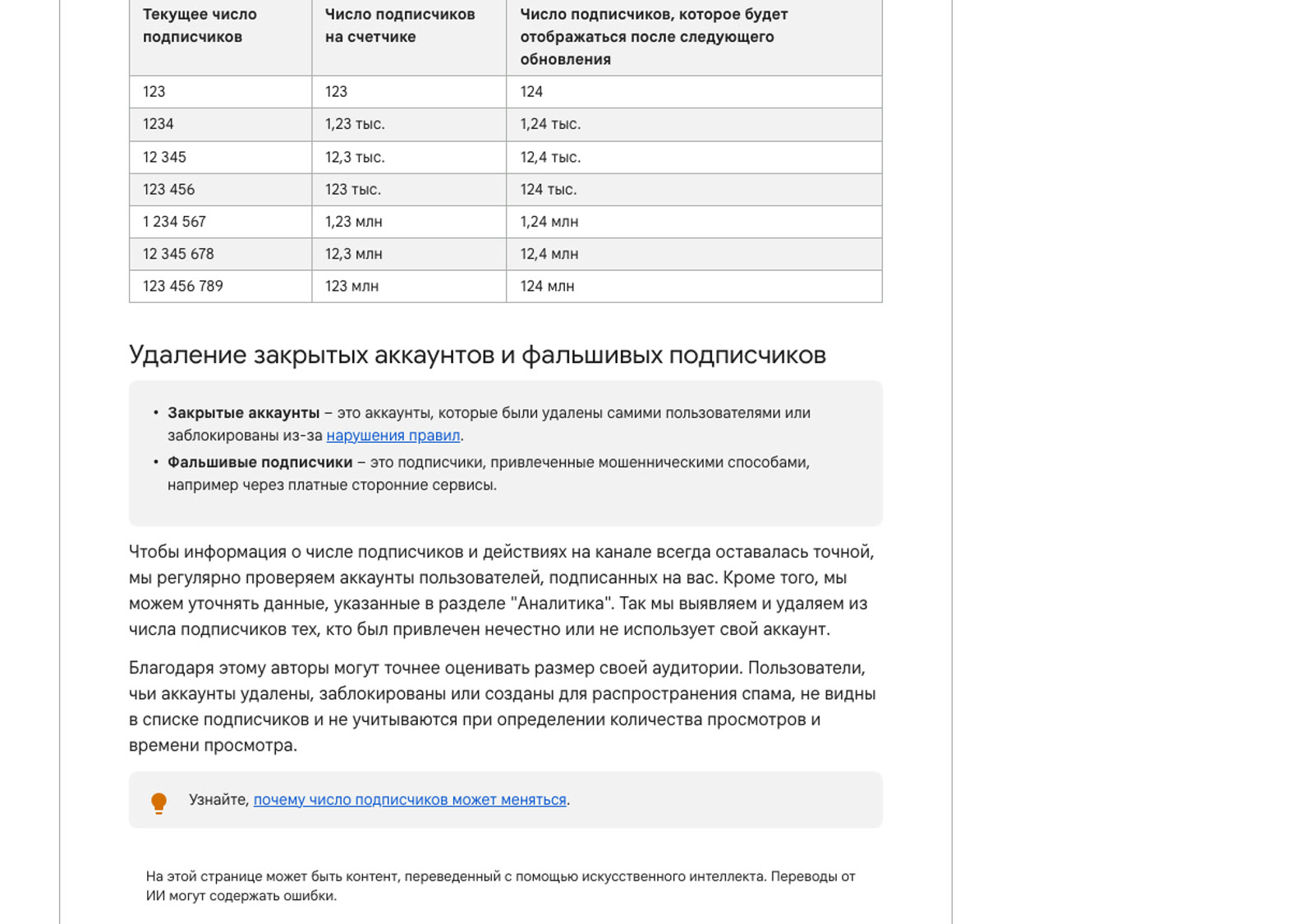 Раздел справки YouTube про удаление закрытых аккаунтов и фальшивых подписчиков