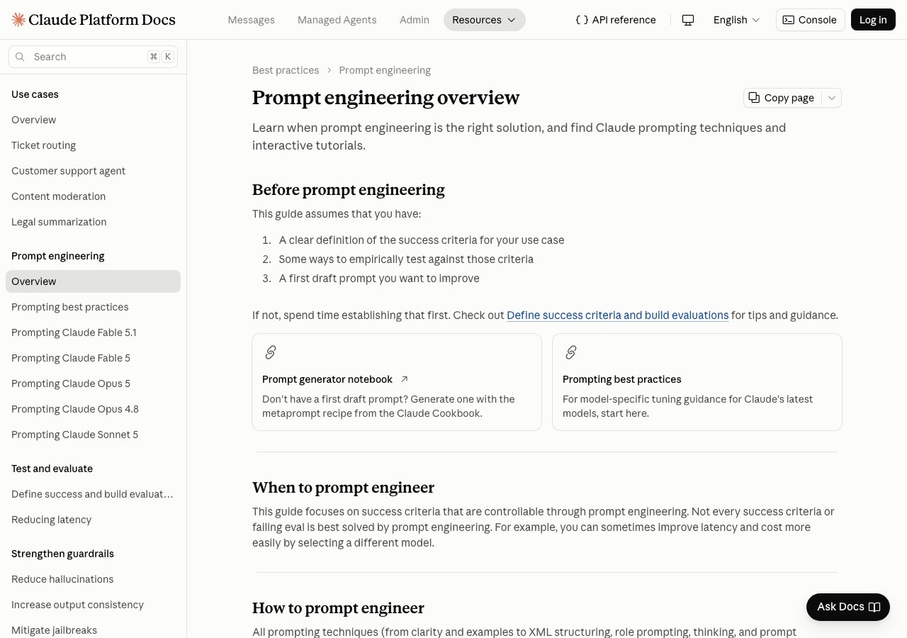Страница документации Anthropic «Prompt engineering overview» с перечнем техник и условиями перед стартом