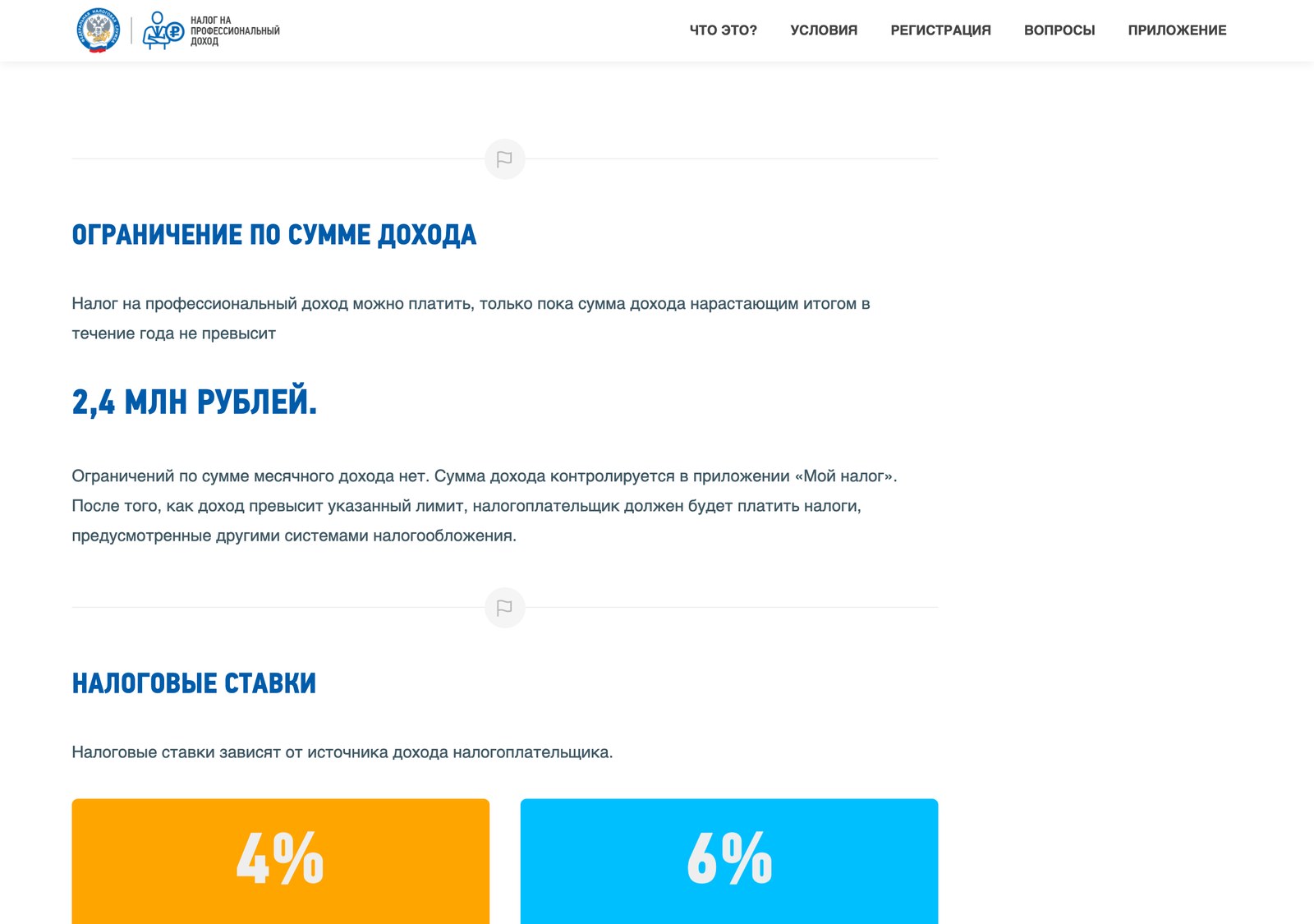 Страница ФНС с ограничением годового дохода и блоками налоговых ставок 4% и 6%