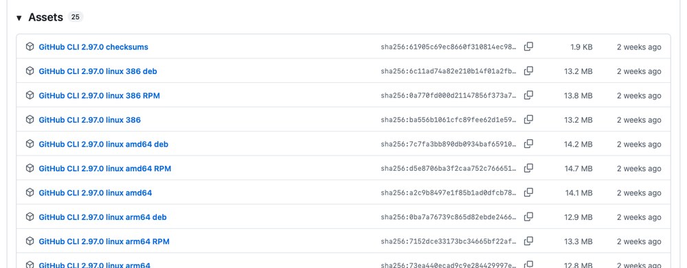 Раздел Assets релиза GitHub CLI 2.97.0: 25 файлов под разные системы, у каждого размер и отпечаток файла