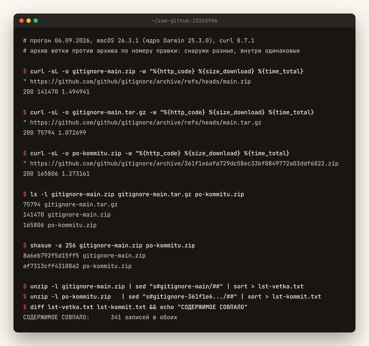Окно команд: три архива одного проекта GitHub, разные размеры и отпечатки, а списки файлов внутри совпали