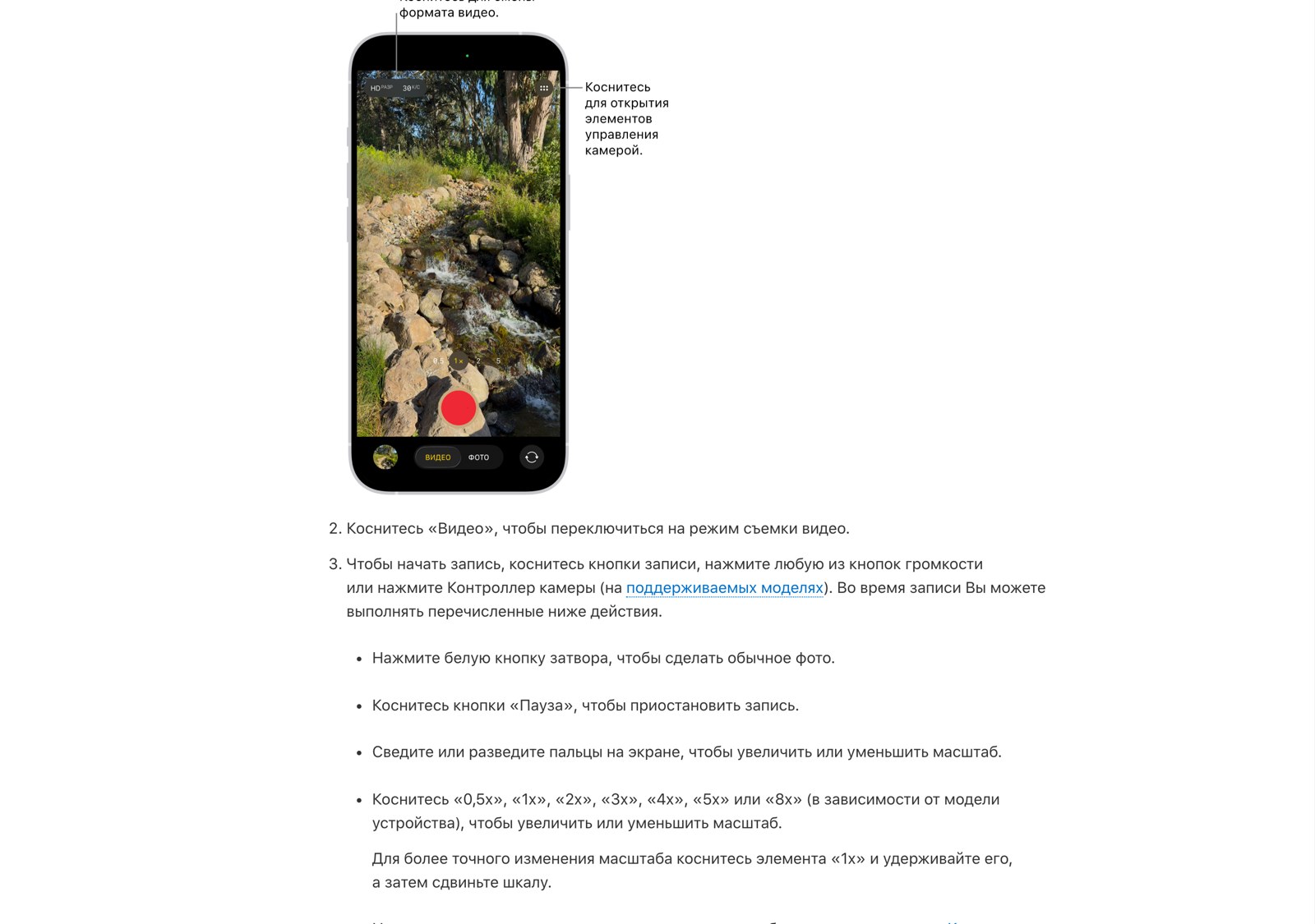 Официальное руководство iPhone с экраном камеры и подписанными элементами управления форматом записи