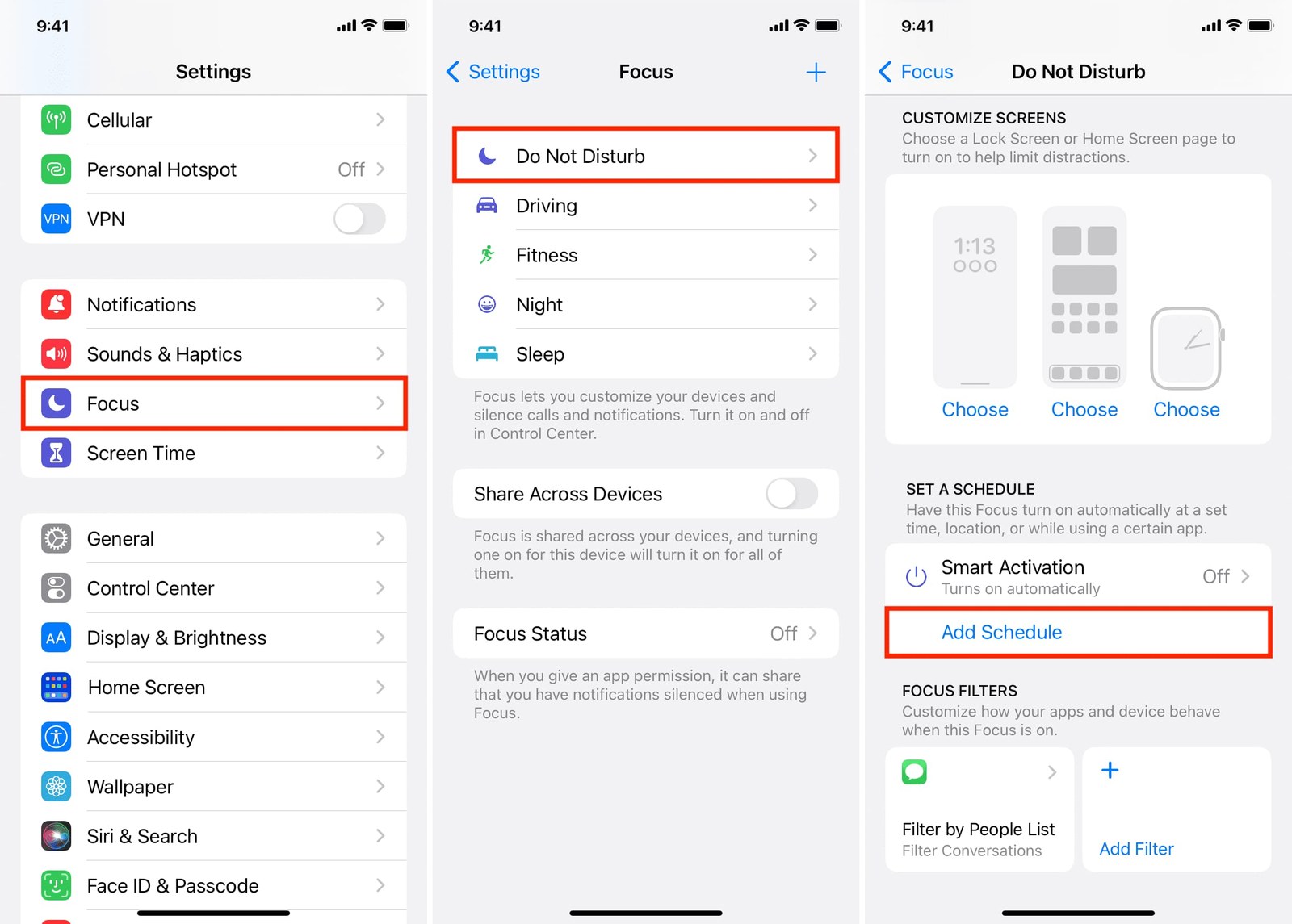 Три экрана настроек iPhone: Настройки, раздел Фокусирование и экран режима Не беспокоить с кнопкой добавления расписания