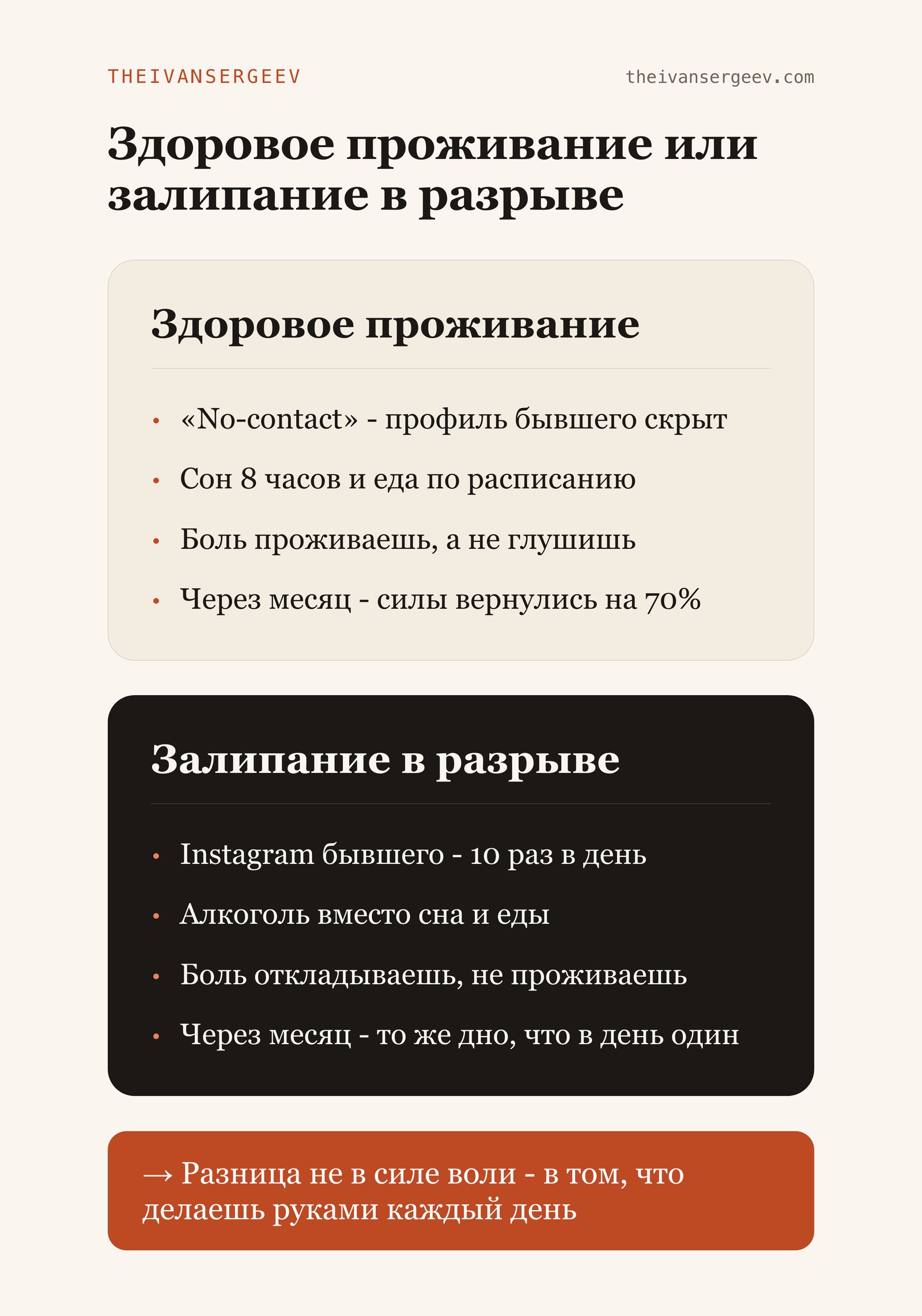 Сравнение: здоровое проживание разрыва и залипание - что делать и что чувствуешь через месяц