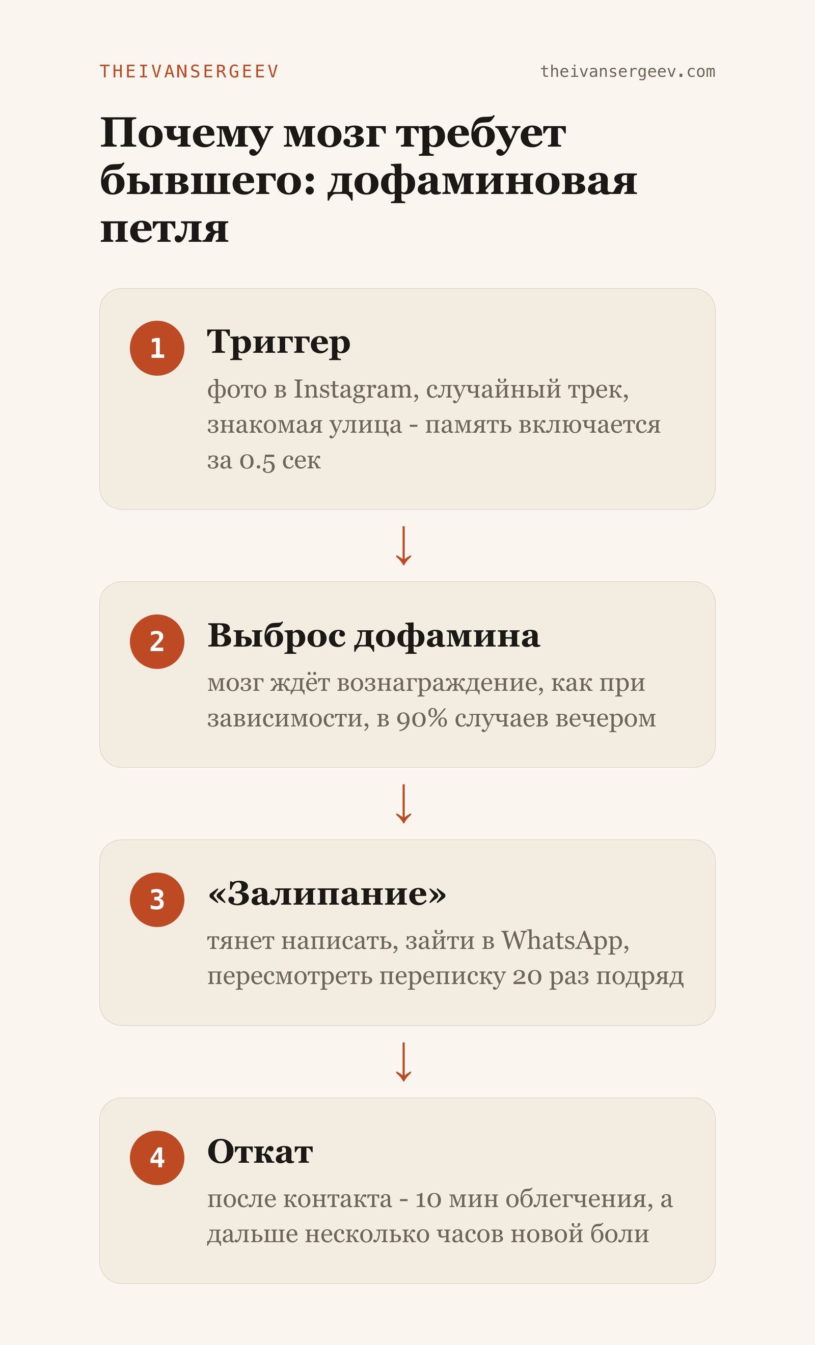 Схема: почему мозг требует бывшего - триггер, выброс дофамина, залипание, откат