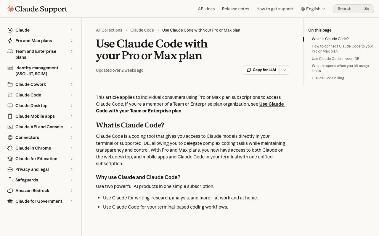 Официальная support-страница Anthropic о работе Claude Code на тарифах Pro и Max с общим лимитом использования