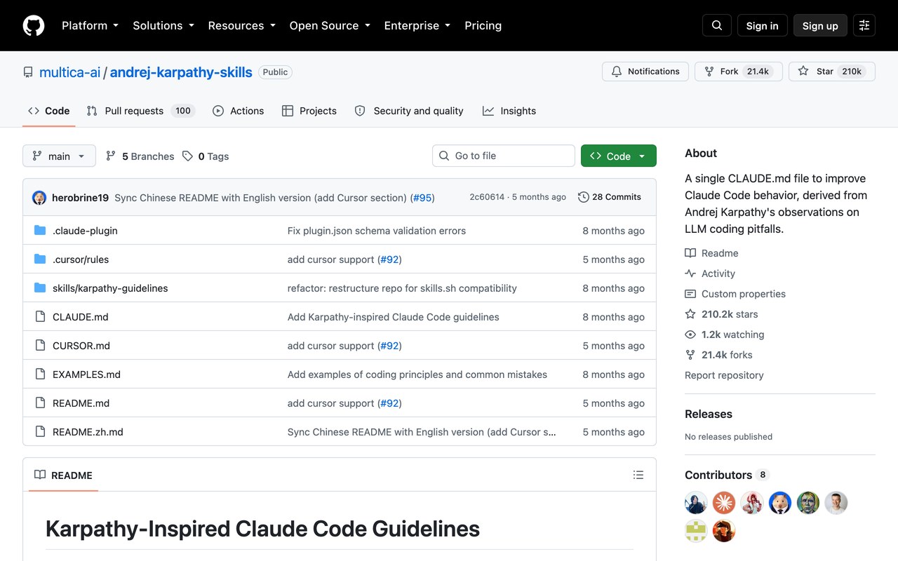 Страница проекта multica-ai/andrej-karpathy-skills на GitHub с живым счётчиком 210k звёзд