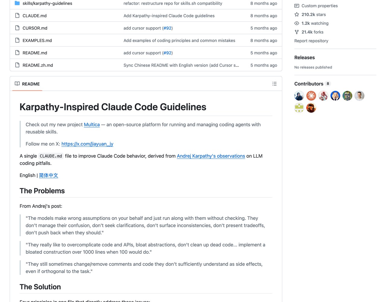 Описание проекта на GitHub с таблицей 4 принципов и дословными цитатами Andrej Karpathy про ошибки ИИ-агентов