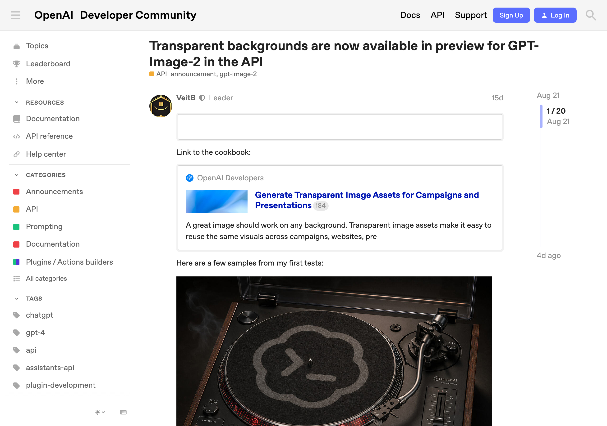 Официальное объявление OpenAI Community о статусе preview у прозрачных фонов для GPT Image