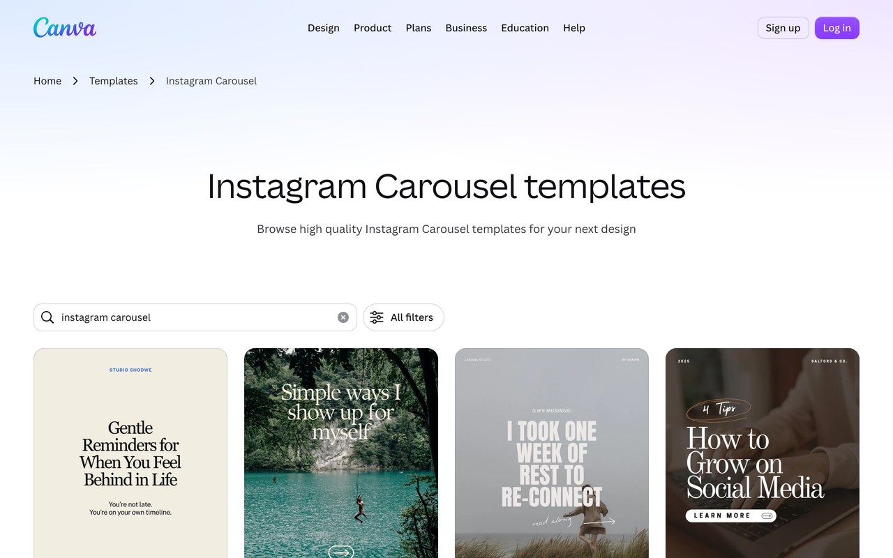 Поиск шаблонов Instagram-карусели в Canva с готовыми оформленными каркасами