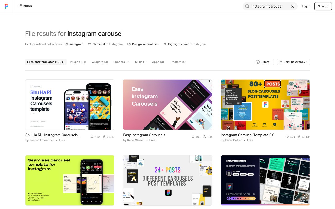 Поиск шаблонов Instagram-карусели в Figma Community, больше 100 бесплатных вариантов