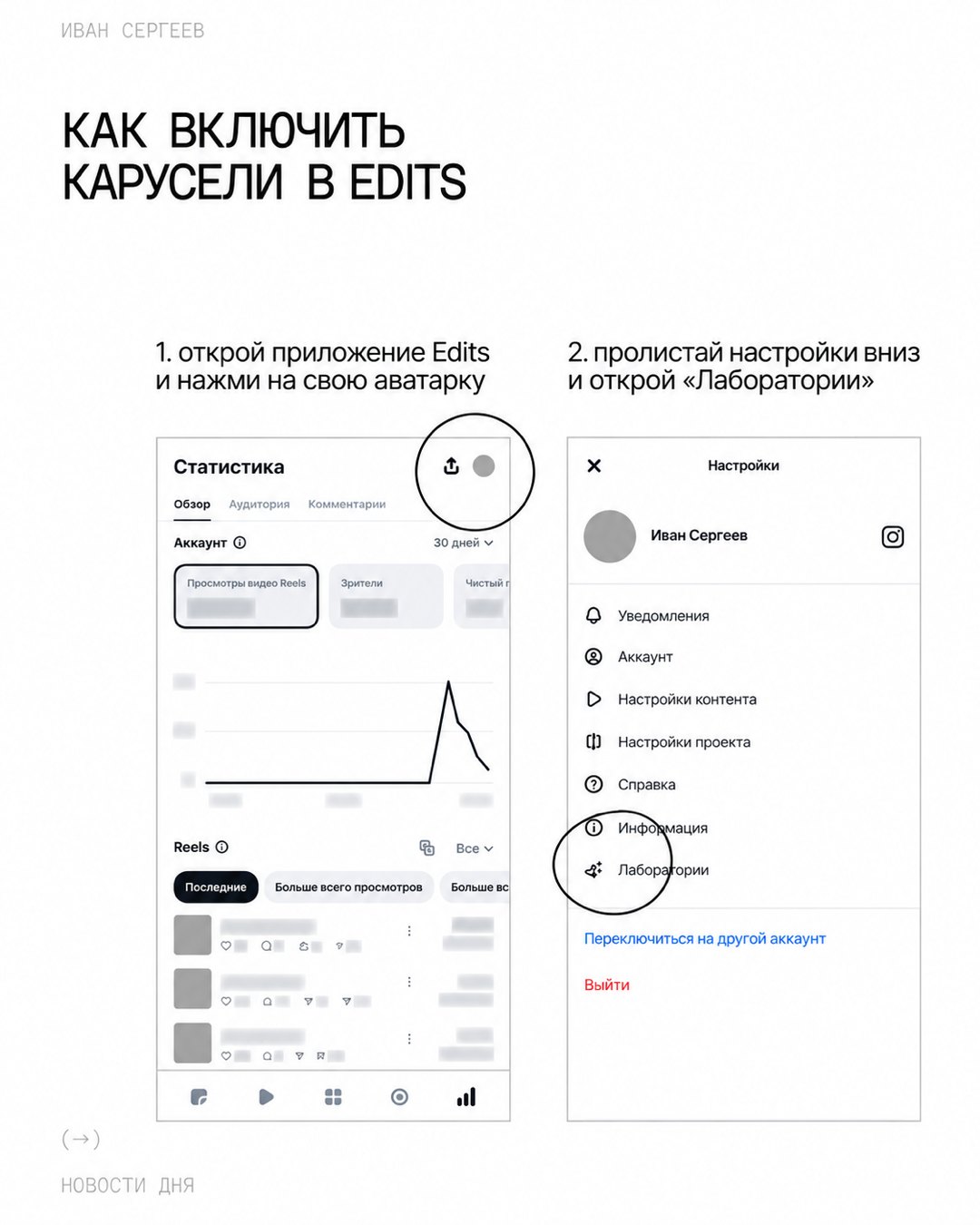 Шаги 1 и 2 в Edits: круг на аватарке в правом верхнем углу экрана «Статистика» и круг на пункте «Лаборатории» в настройках