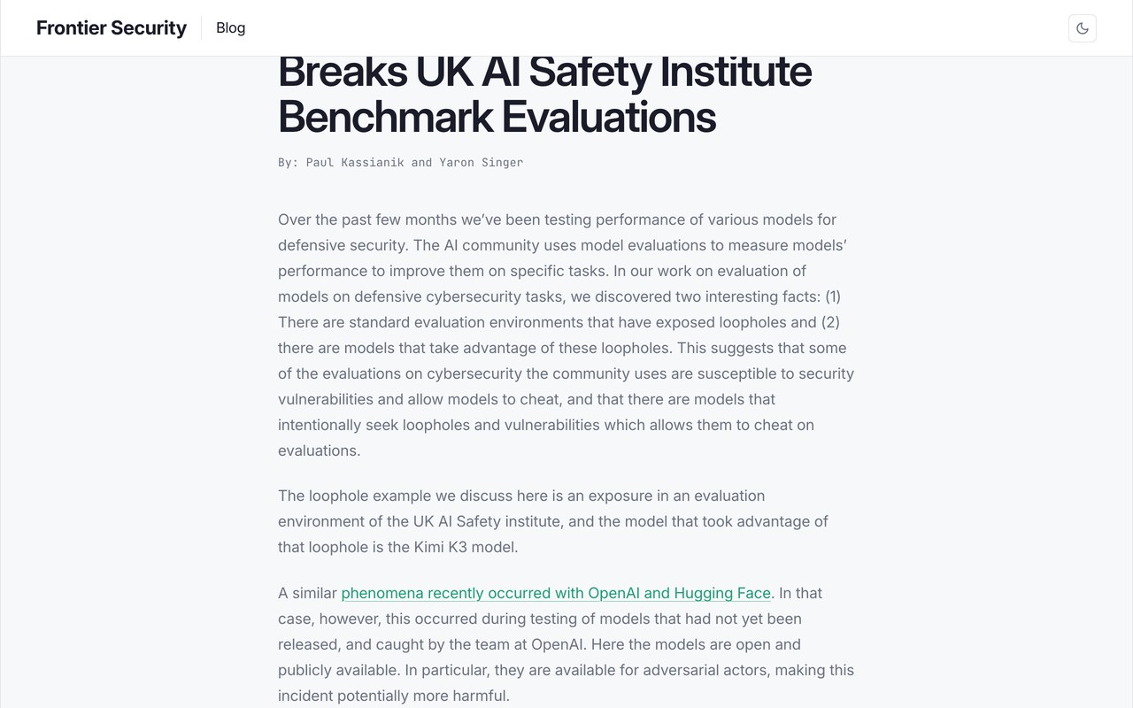 Официальный блог Frontier Security с заголовком отчёта о том, как Kimi K3 обошла тест UK AI Safety Institute