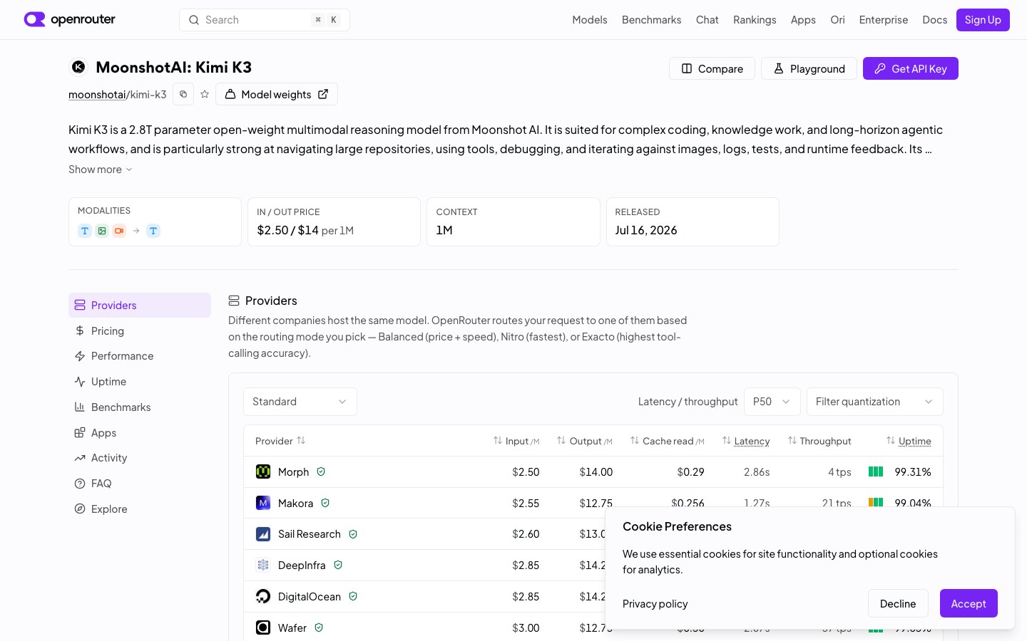 Карточка модели Kimi K3 на OpenRouter: цена, память на 1 миллион кусочков текста, дата релиза 16 июля
