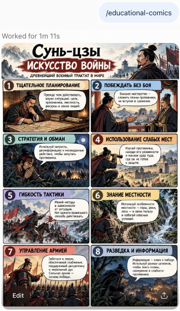Сообщение /educational-comics и ответ ChatGPT: комикс из восьми кадров по книге Сунь-цзы с репликами