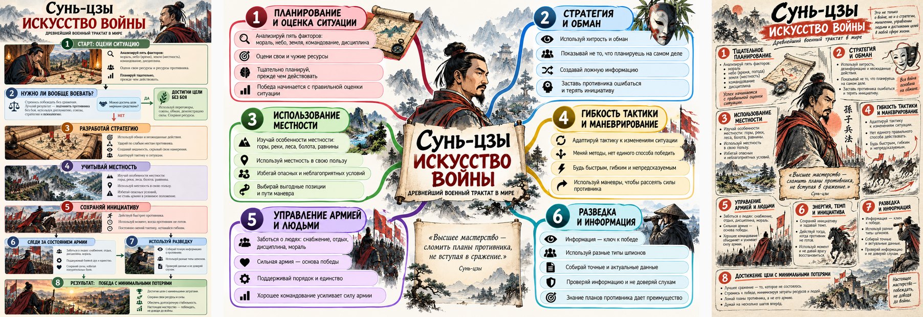 Три ответа ChatGPT по книге Сунь-цзы: блок-схема с развилкой, майнд-карта из шести веток и скетчноут