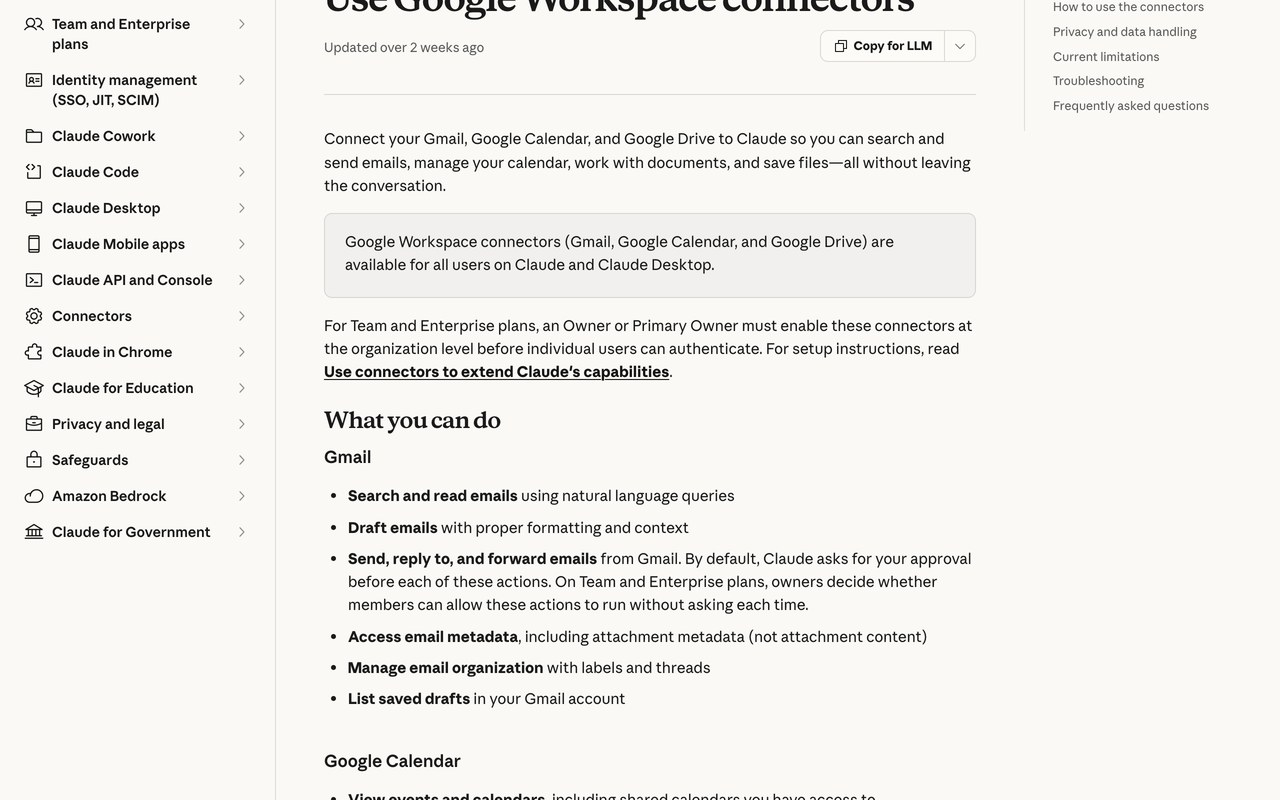 Официальная справка Anthropic «Use Google Workspace connectors»: доступность для всех и список действий с Gmail