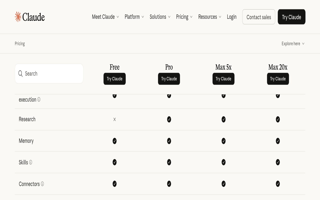 Таблица тарифов claude.com/pricing: строка Connectors с галочкой у Free, Pro, Max 5x и Max 20x