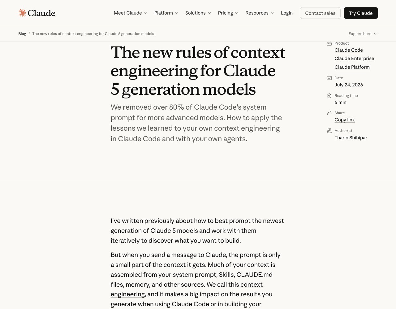 Инженерный блог Anthropic «The new rules of context engineering for Claude 5 generation models»