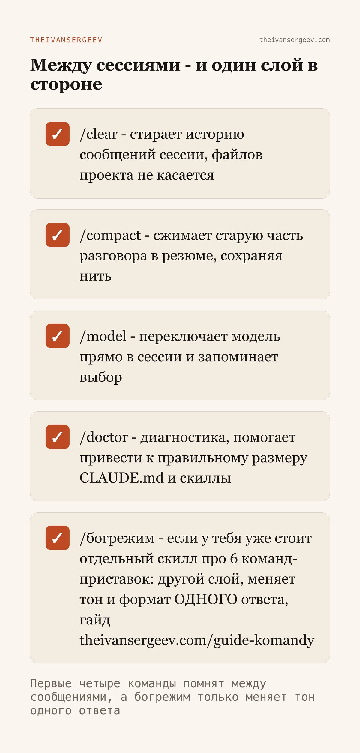 Чек-лист команд Claude Code между сессиями: /clear, /compact, /model, /doctor и отдельно богрежим