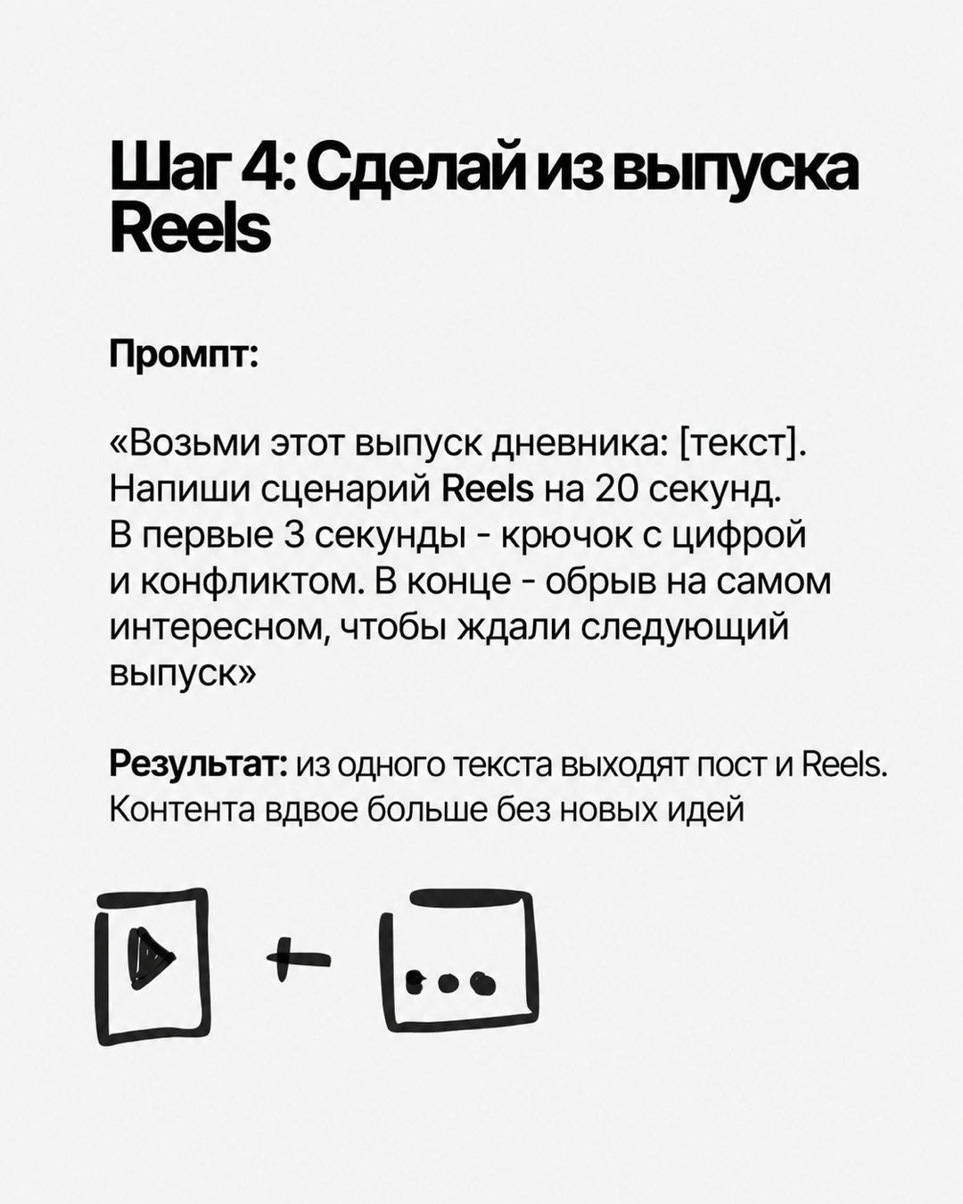 Слайд «Шаг 4: Сделай из выпуска Reels» с промптом сценария на 20 секунд и рисунком плей плюс три точки