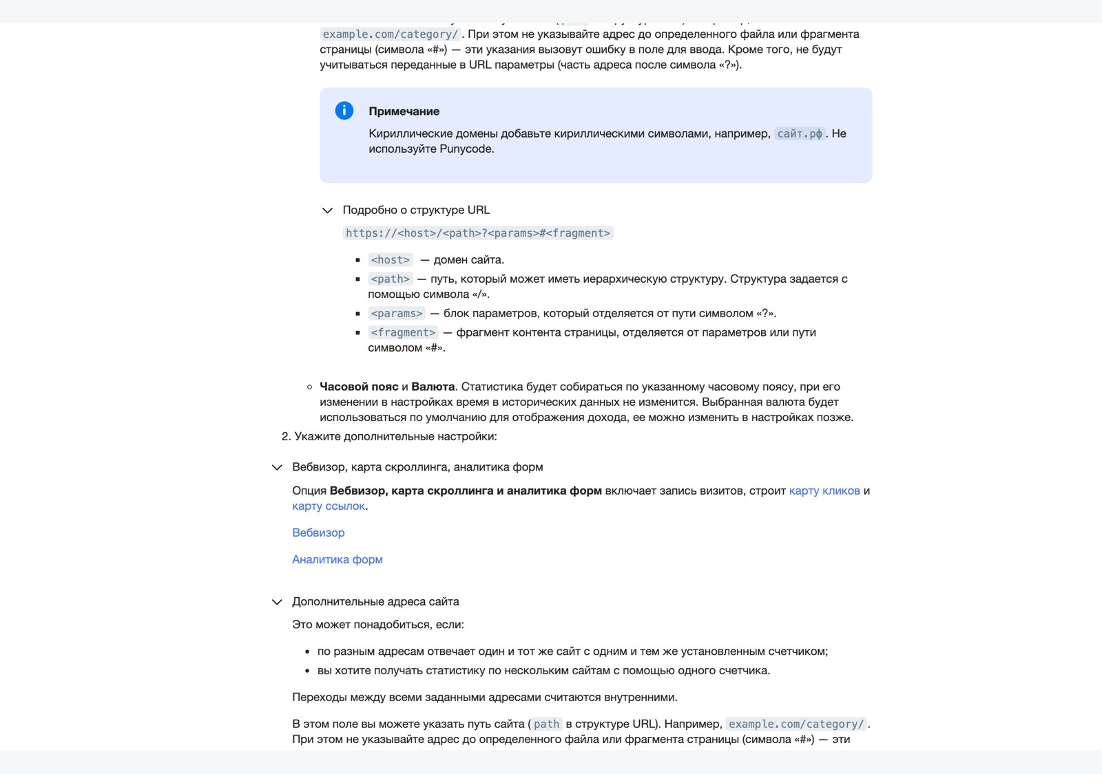Страница официальной справки с полями настройки счётчика и примечанием про кириллические домены