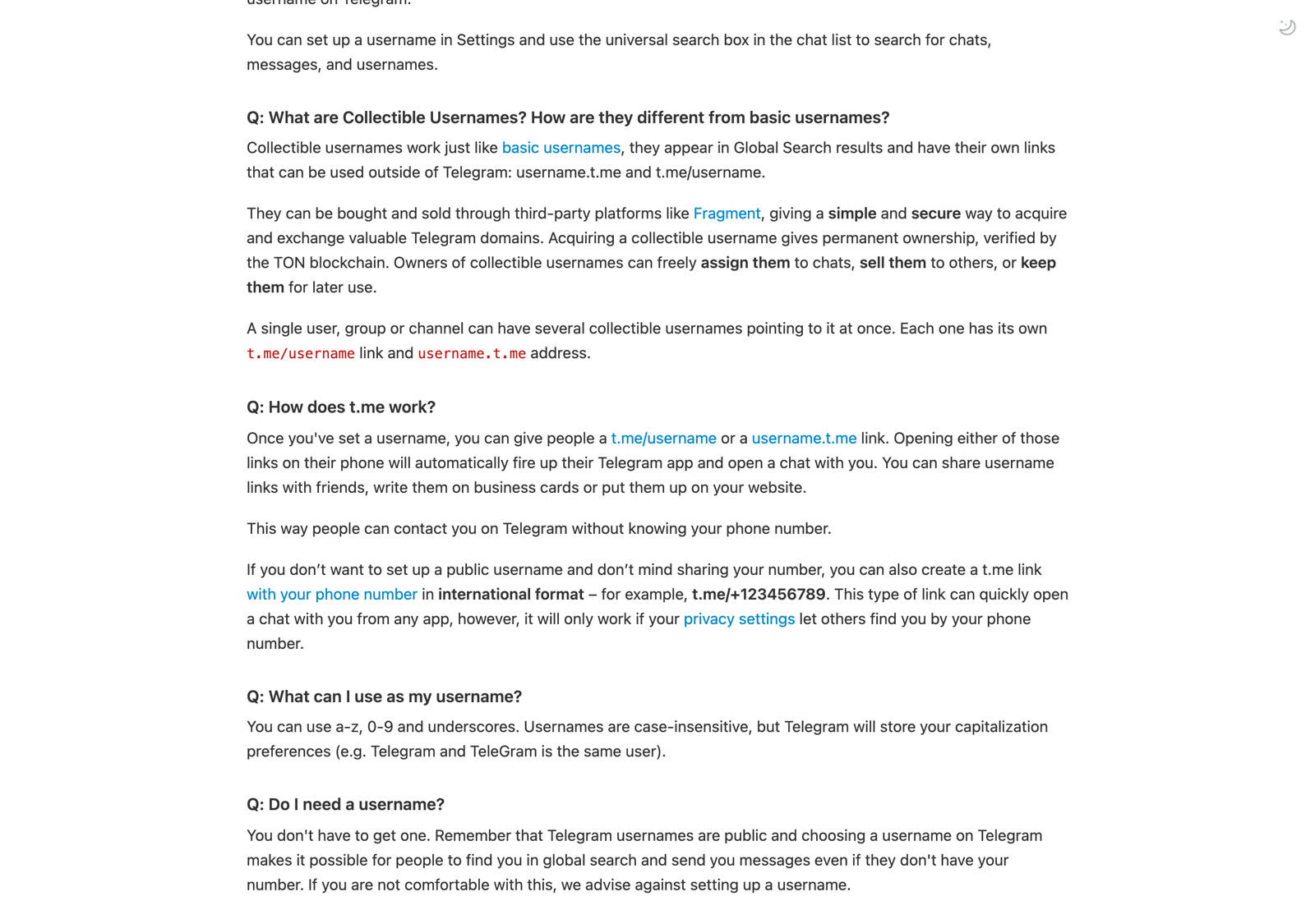 FAQ Telegram с описанием того, как работает ссылка t.me и куда её можно поставить