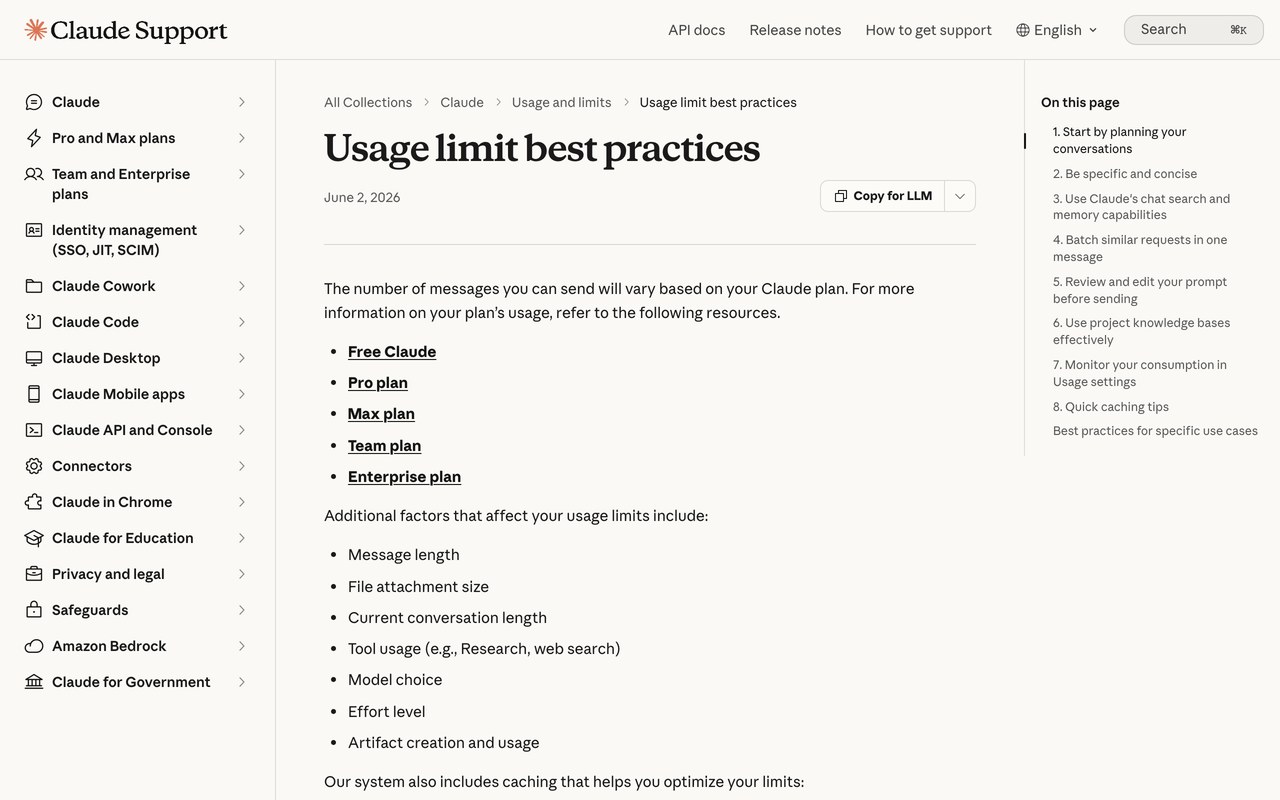 Официальная страница Anthropic «Usage limit best practices» со списком факторов, влияющих на расход лимита
