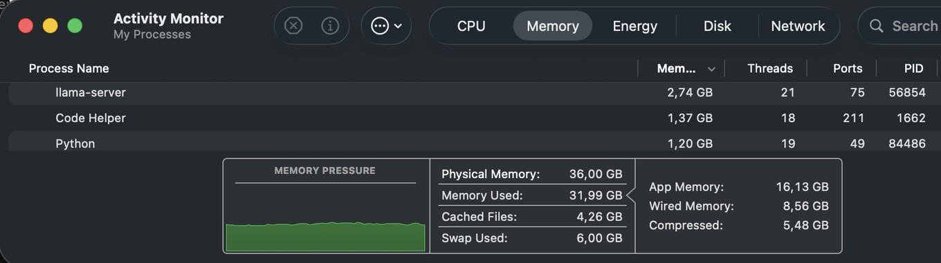 Activity Monitor на Маке во время работы модели: строка llama-server и зелёная полоса давления памяти