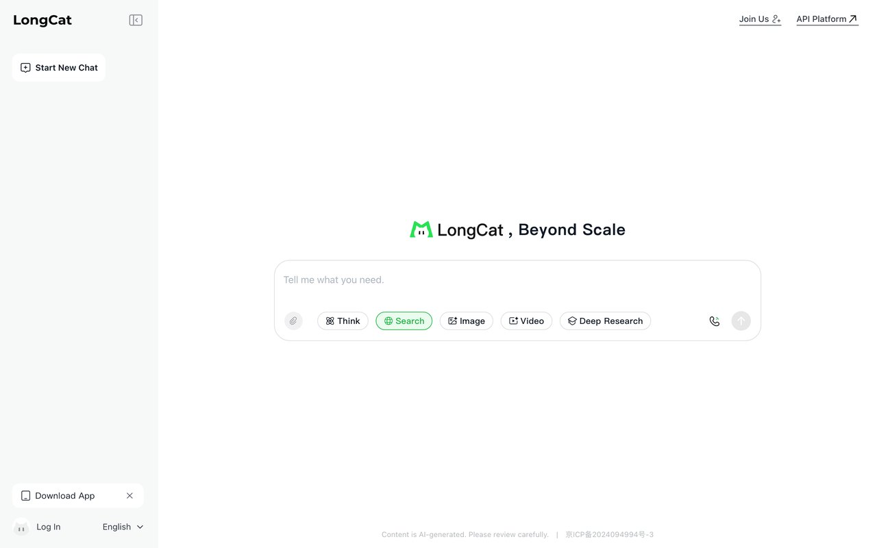 Главный экран longcat.chat: поле ввода Tell me what you need и ряд кнопок Think, Search, Image, Video, Deep Research