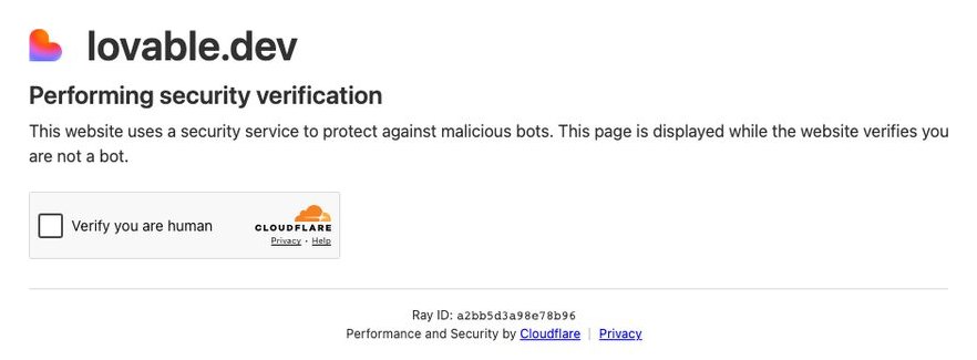 Экран Cloudflare на lovable.dev: строка Performing security verification и чекбокс Verify you are human
