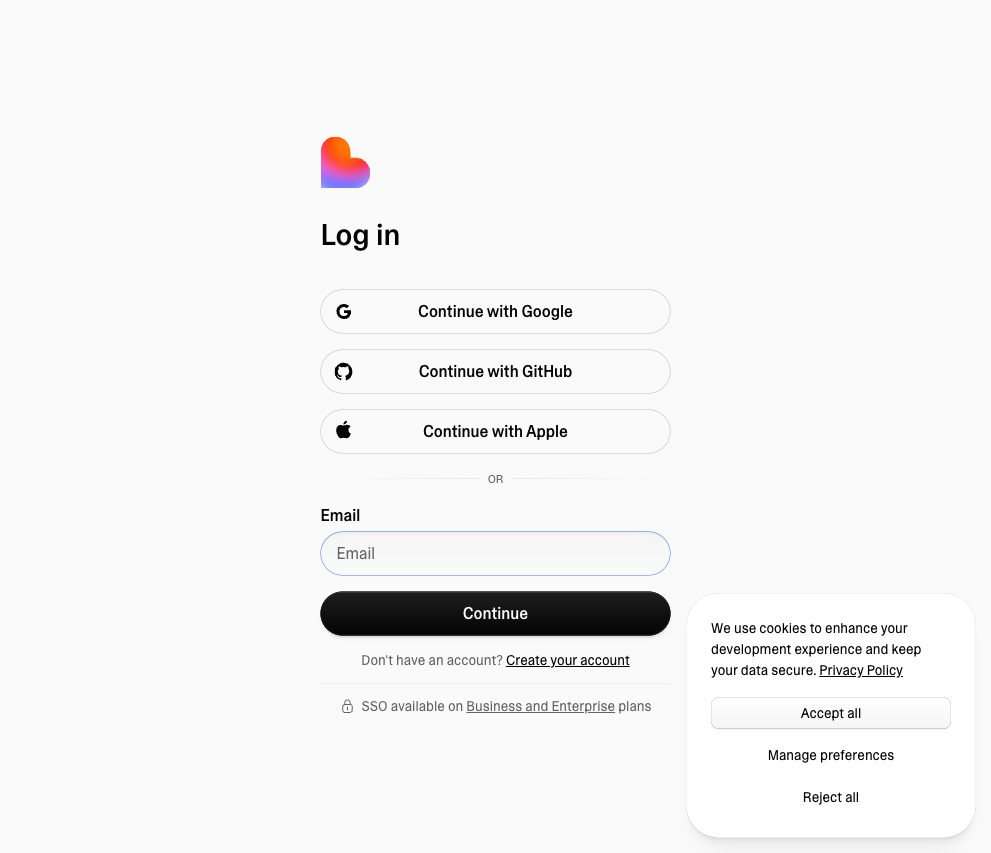 Экран входа lovable.dev/login: заголовок Log in, кнопки Google, GitHub и Apple, ниже поле Email