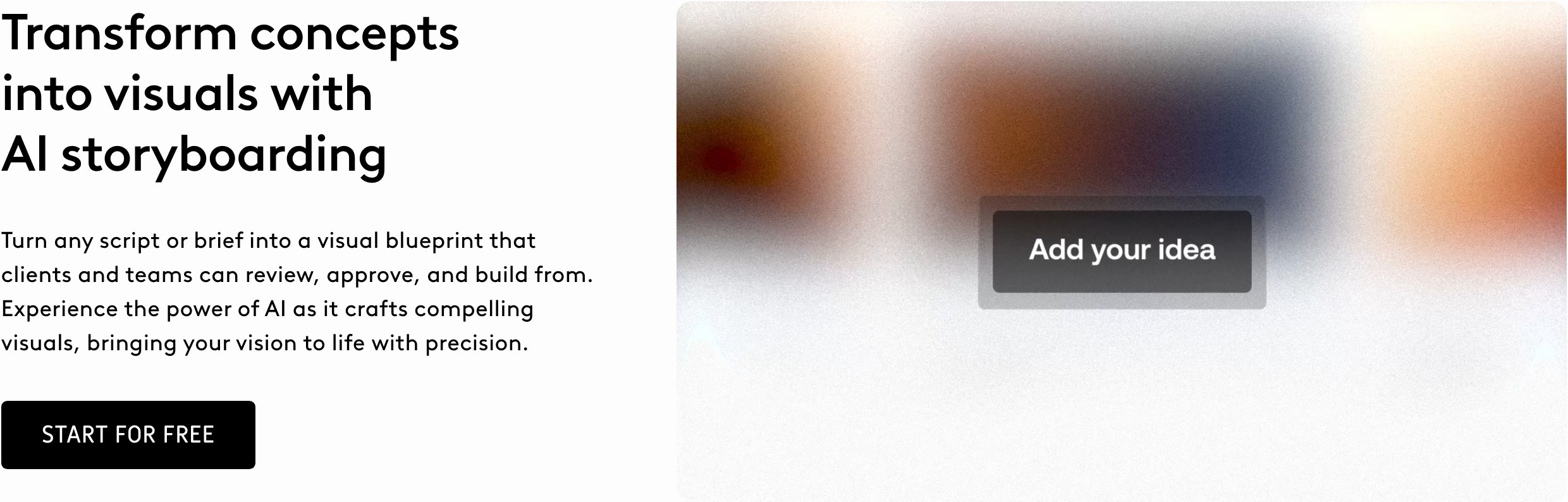 Страница LTX Studio: блок AI storyboarding с кнопкой Add your idea и Start for free