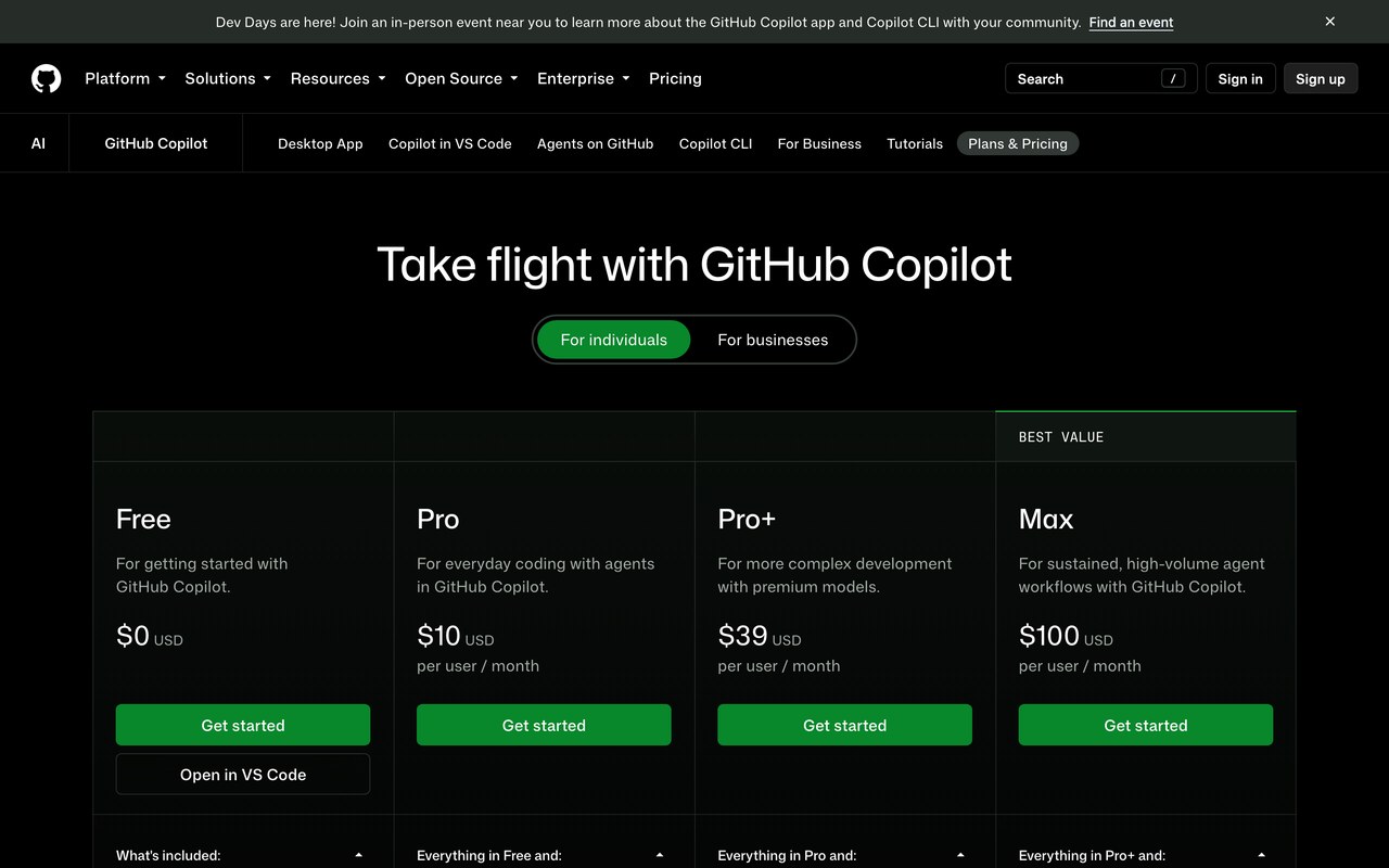 Официальная страница тарифов GitHub Copilot с планами Free, Pro, Pro+ и Max