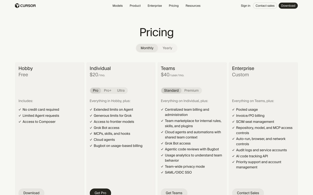 Официальная страница тарифов Cursor с планами Hobby, Individual, Teams и Enterprise