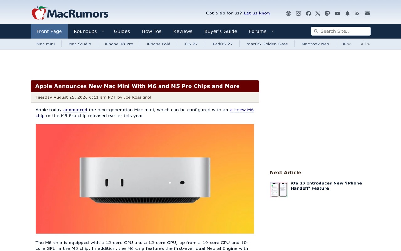 Анонс MacRumors от 25 августа 2026 года про новый Mac mini на чипах M6 и M5 Pro