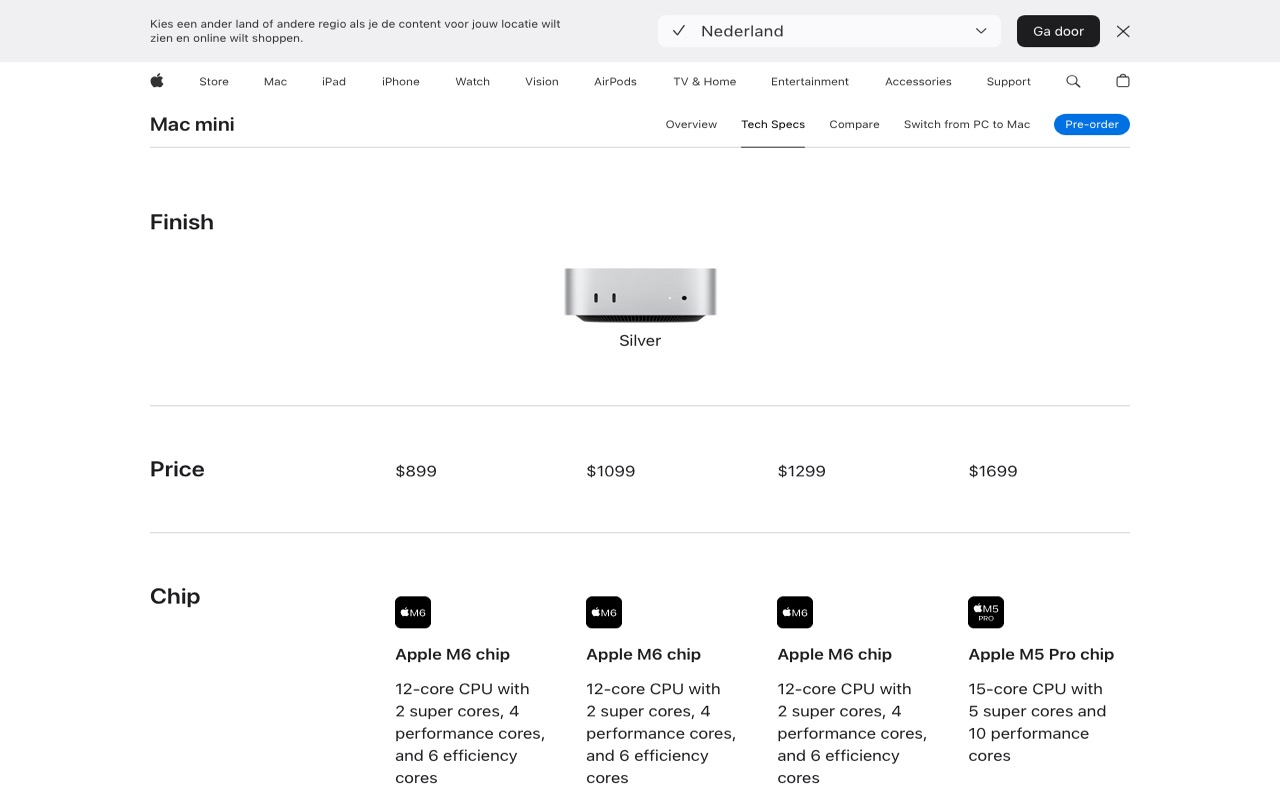 Официальная страница характеристик Apple: четыре версии Mac mini по цене 899, 1099, 1299 и 1699 долларов