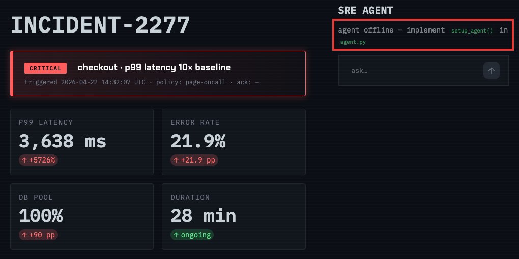 Дашборд INCIDENT-2277: задержка 3,638 ms, ошибки 21.9%, пул базы 100%, справа панель SRE AGENT с надписью agent offline